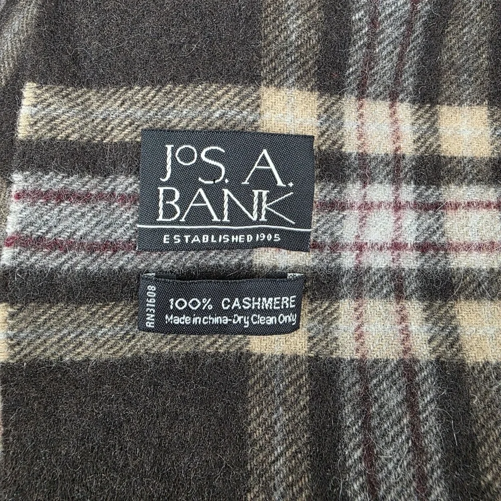 Jos A Bank Cashmere Scarf Brown Plaid Fringe 60"x12" - Picture 4 of 4